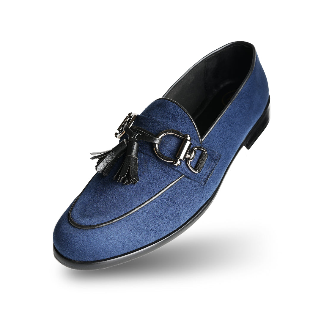 A classic Monkstory Horse-bit Tasseled Slip-Ons blue loafer exuding modern sophistication.