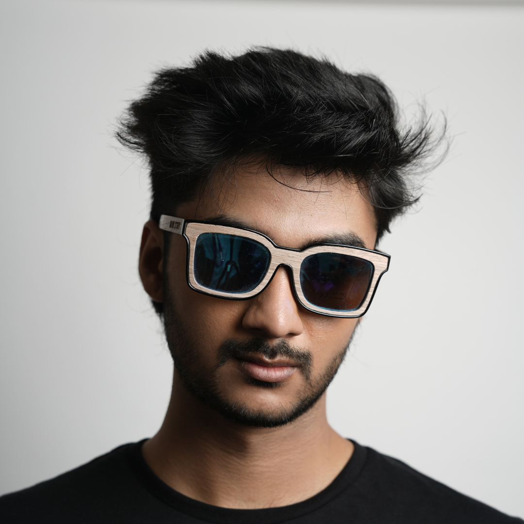 A pair of monkstory sunglasses with reflective lenses on a white background.