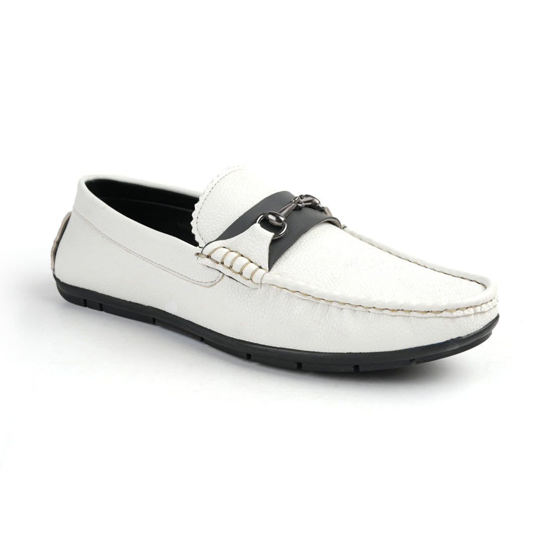 A stylish white Monkstory Horse-bit Driving Shoe with a sleek black buckle, perfect for both fashion-forward individuals and those seeking ultimate comfort.