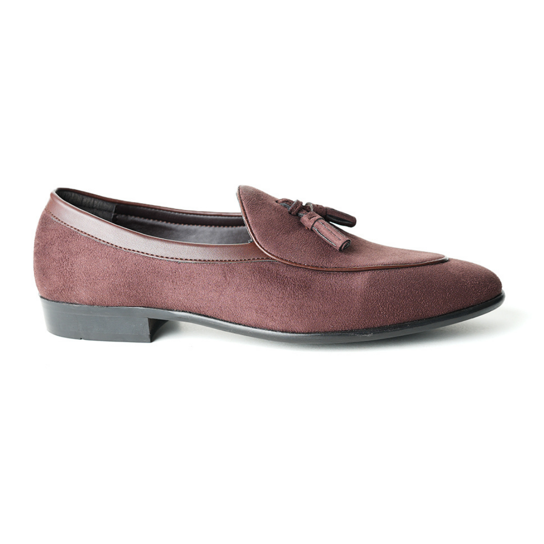 Monkstory Tassel Slip-Ons - Brown, an eco-conscious burgundy suede loafer with tassels made from vegan leather.