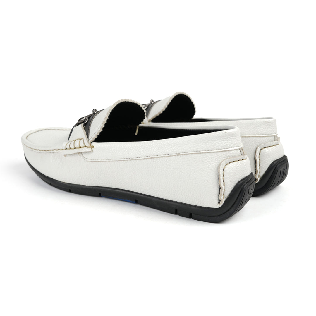 A stylish white Monkstory Horse-bit Driving Shoe with a sleek black buckle, perfect for both fashion-forward individuals and those seeking ultimate comfort.