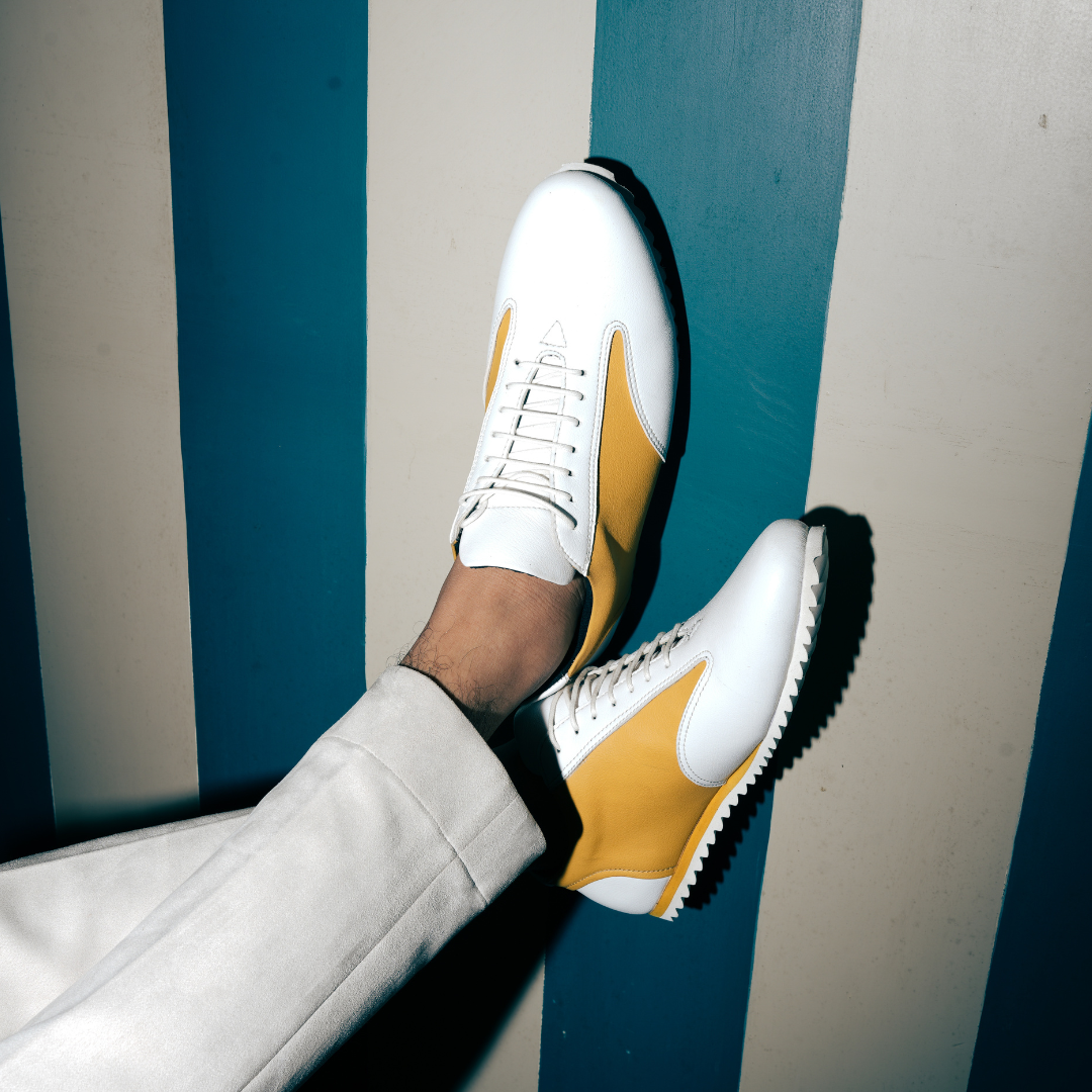 Monkstory Dual Colour Smart Sneakers - Yellow & White, perfect for a casual street-style look.