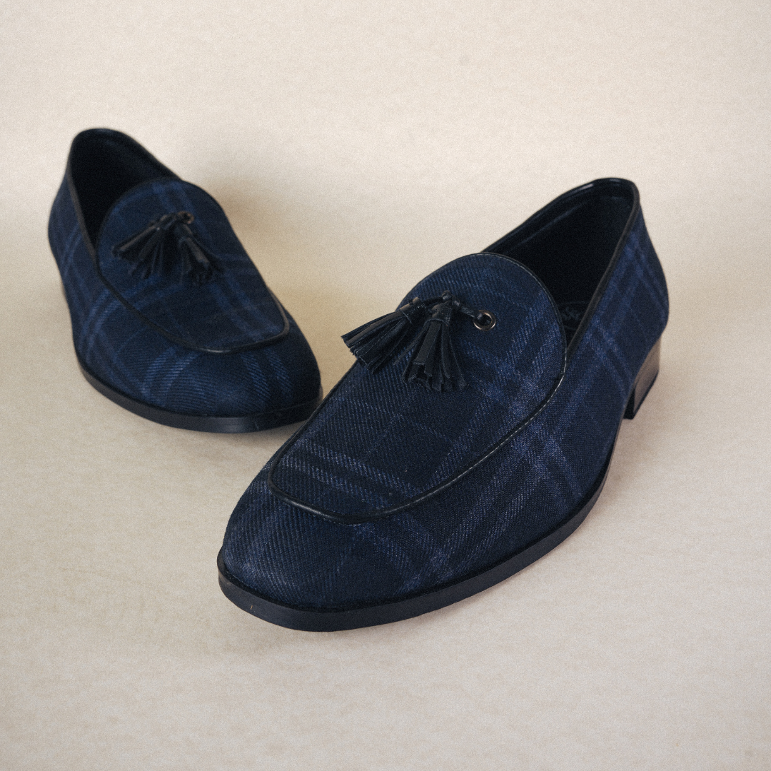 Raro Plaid Fabric Tassel Slip-Ons - Blue