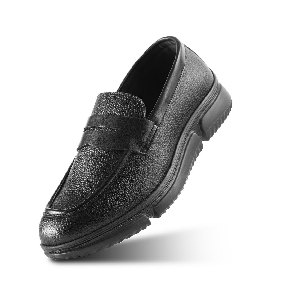Black loafers shoe with a strap on a white background