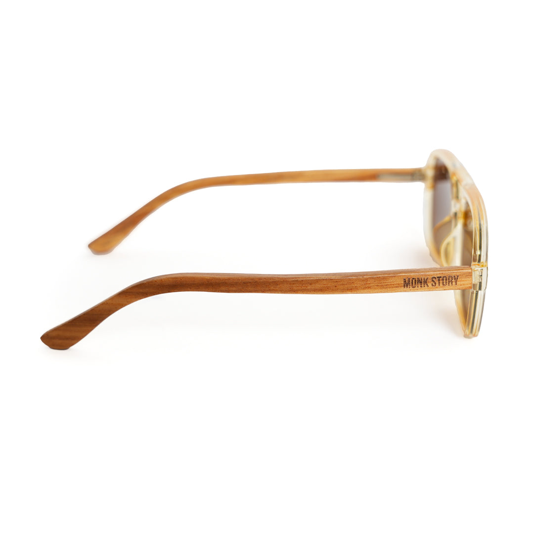 A pair of Monkstory Retro Wood Polarized Unisex sunglasses with transparent brown lenses on a white background.