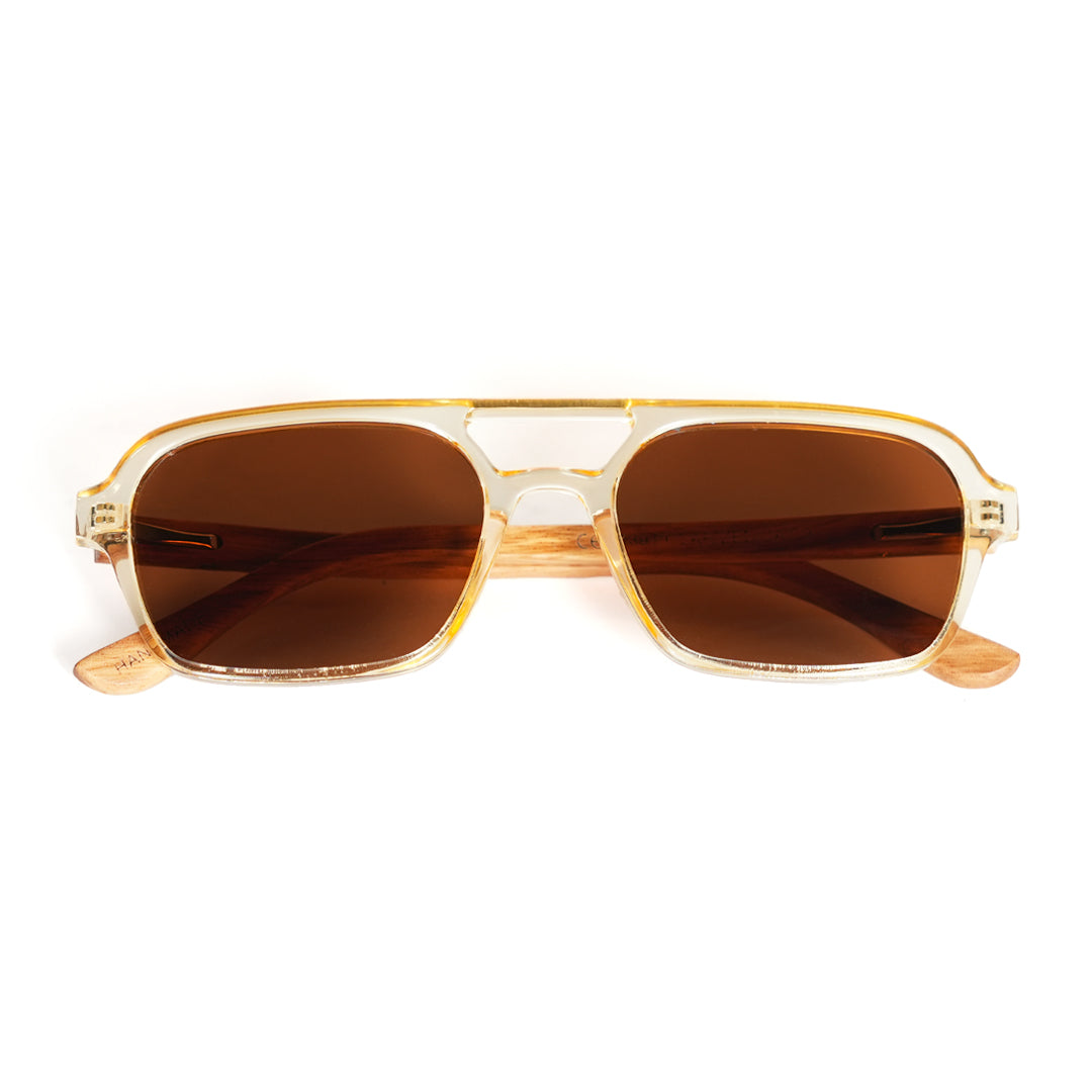 A pair of Monkstory Retro Wood Polarized Unisex sunglasses with transparent brown lenses on a white background.