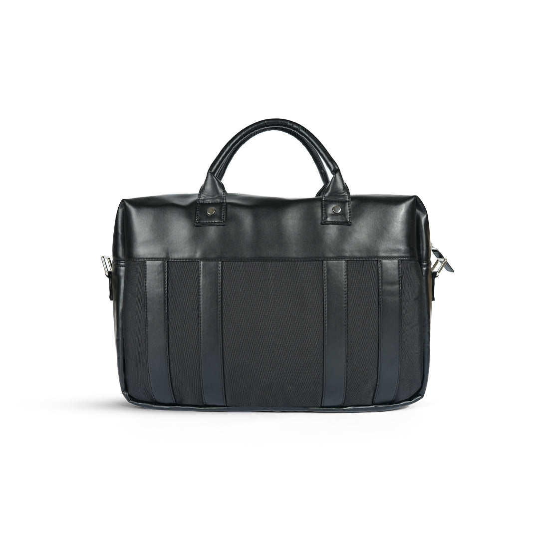 A Monkstory Timeless Laptop Bag - Black with storage options on a white background.