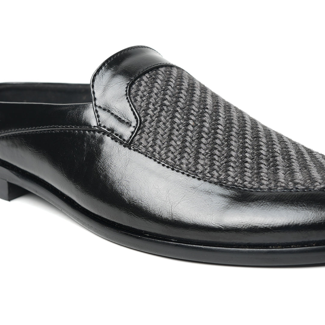 A Monkstory Half Mule Slipper - Black/Grey with a minimalist design and jute detailing.