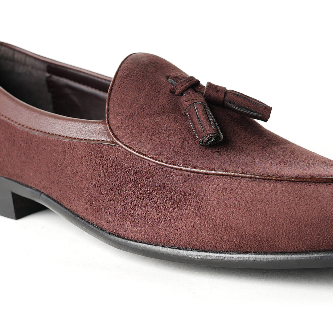 Monkstory Tassel Slip-Ons - Brown, an eco-conscious burgundy suede loafer with tassels made from vegan leather.