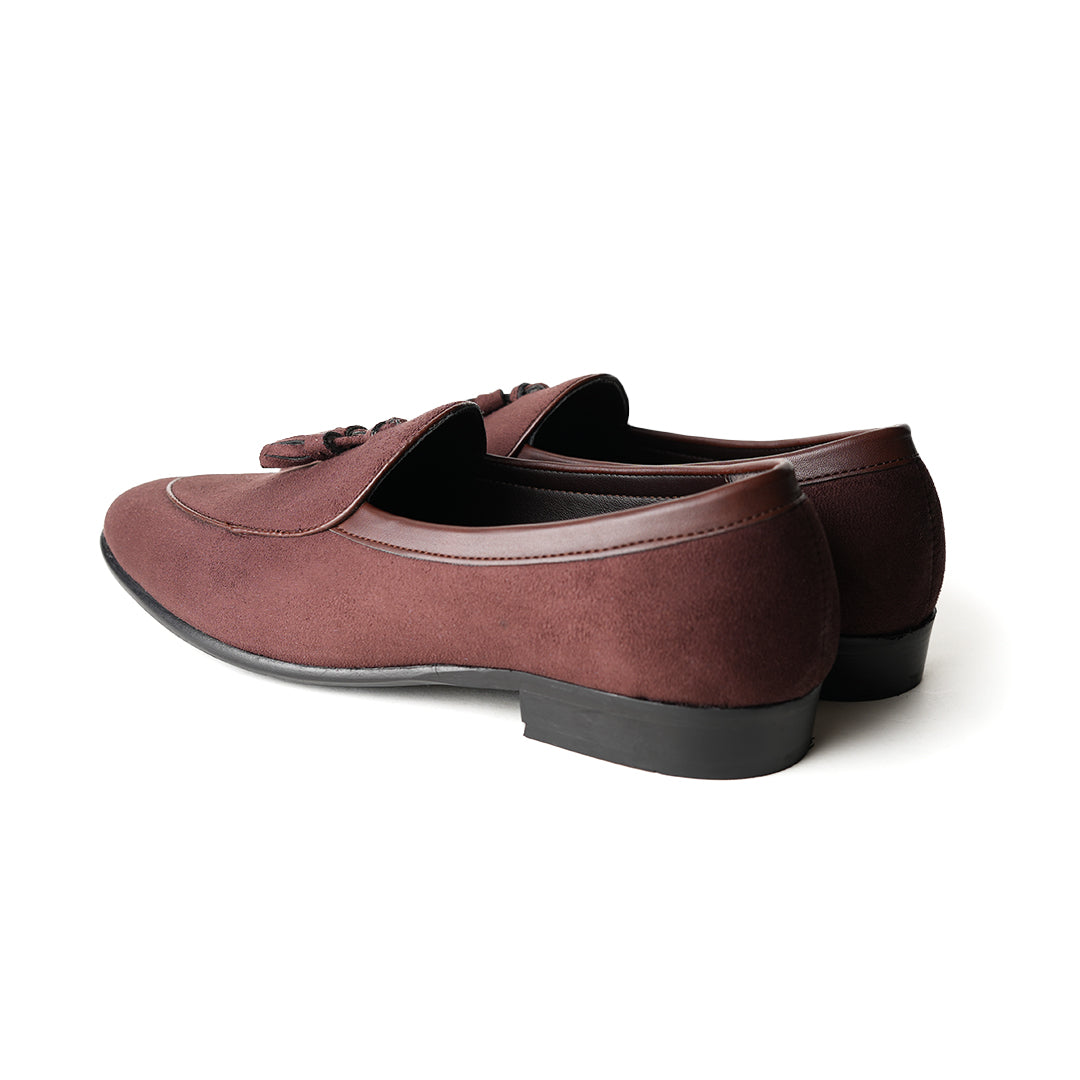 Monkstory Tassel Slip-Ons - Brown, an eco-conscious burgundy suede loafer with tassels made from vegan leather.