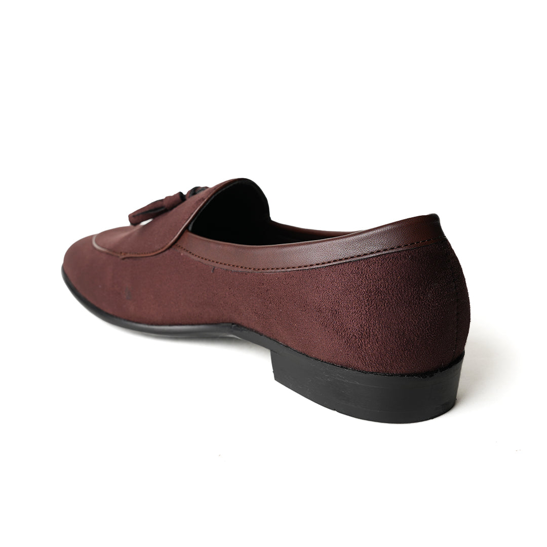 Monkstory Tassel Slip-Ons - Brown, an eco-conscious burgundy suede loafer with tassels made from vegan leather.