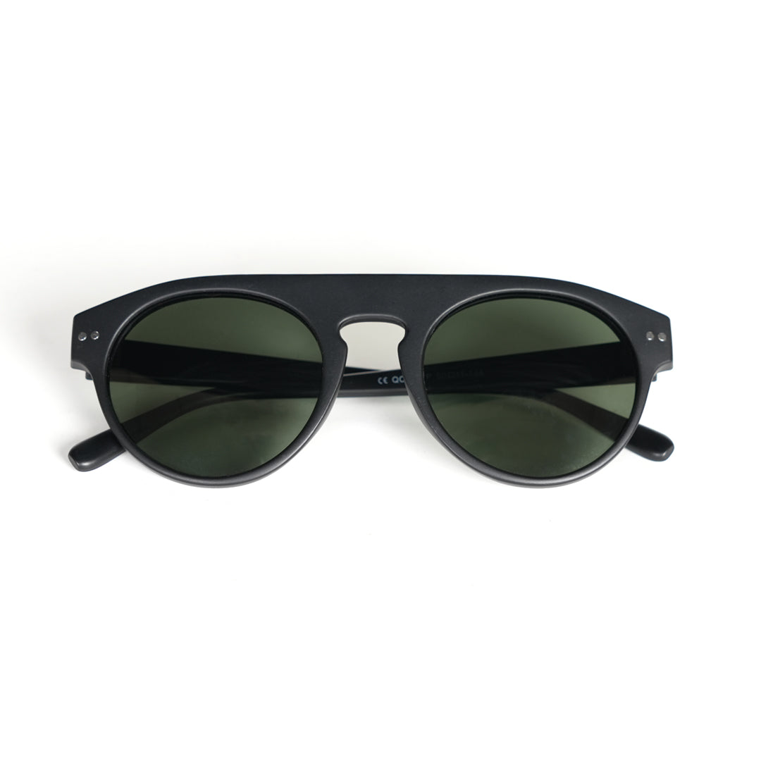 Monkstory's Bold Aviator Unisex Sunglasses in black with UV400 protection and green lenses.