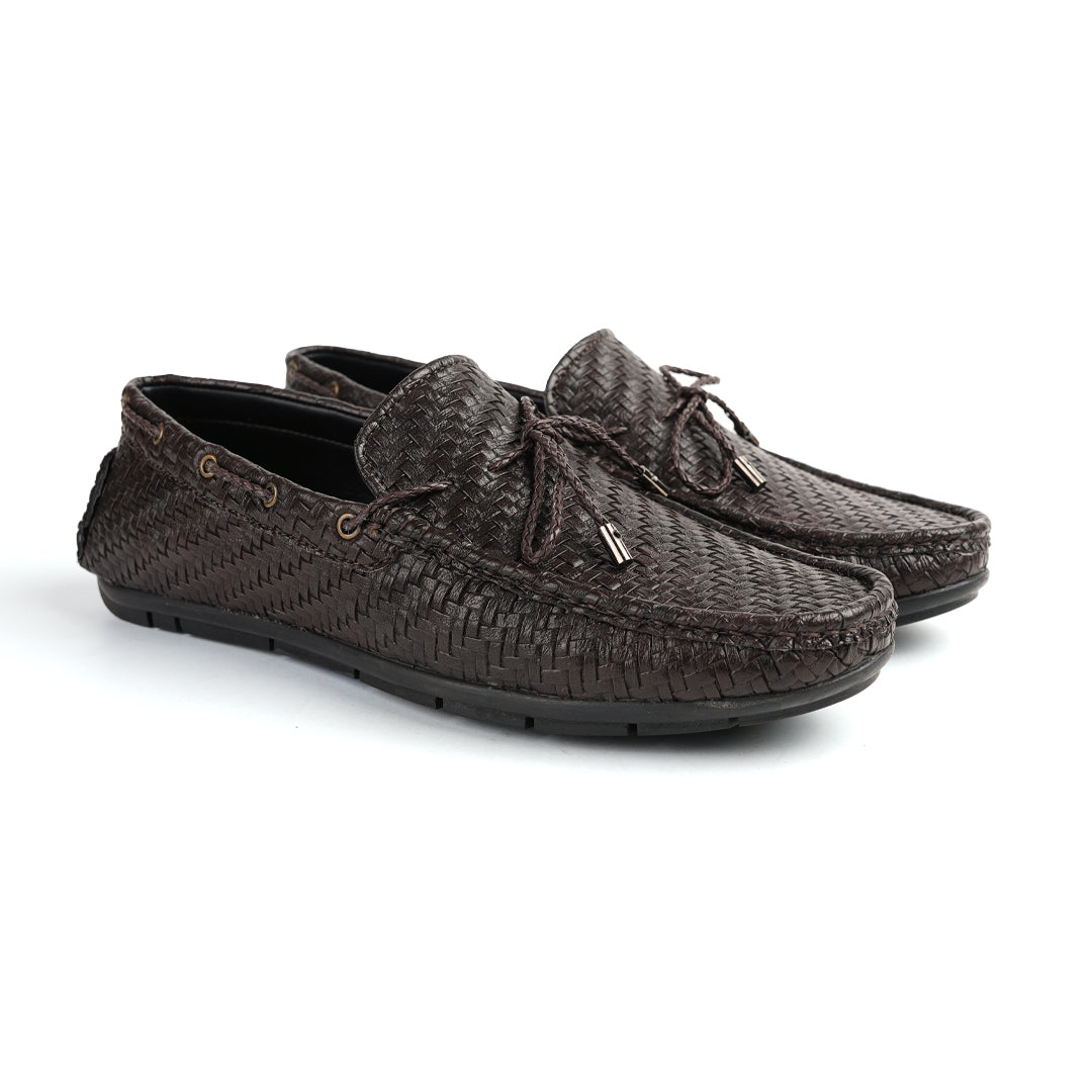 Monkstory men's brown woven loafer with tassels.