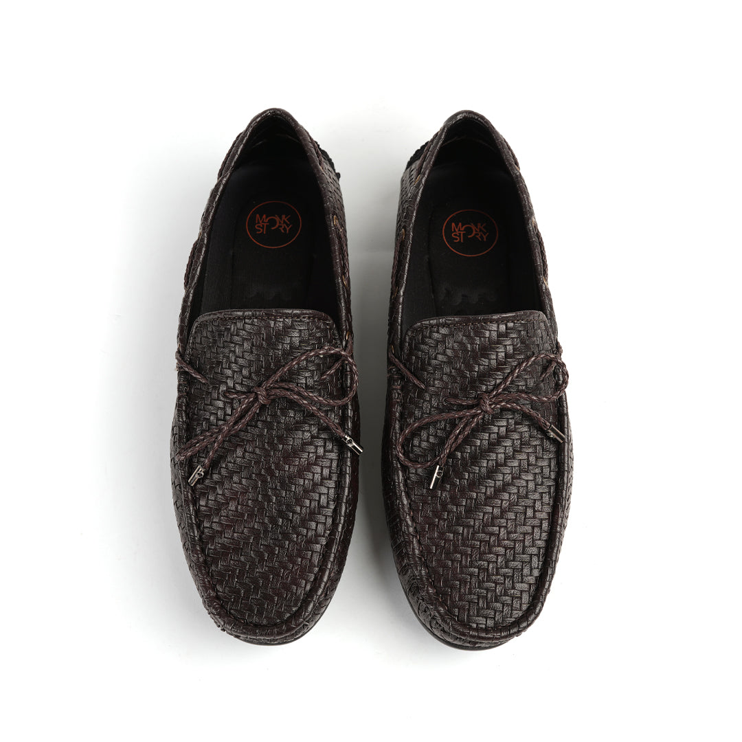 Monkstory men's brown woven loafer with tassels.