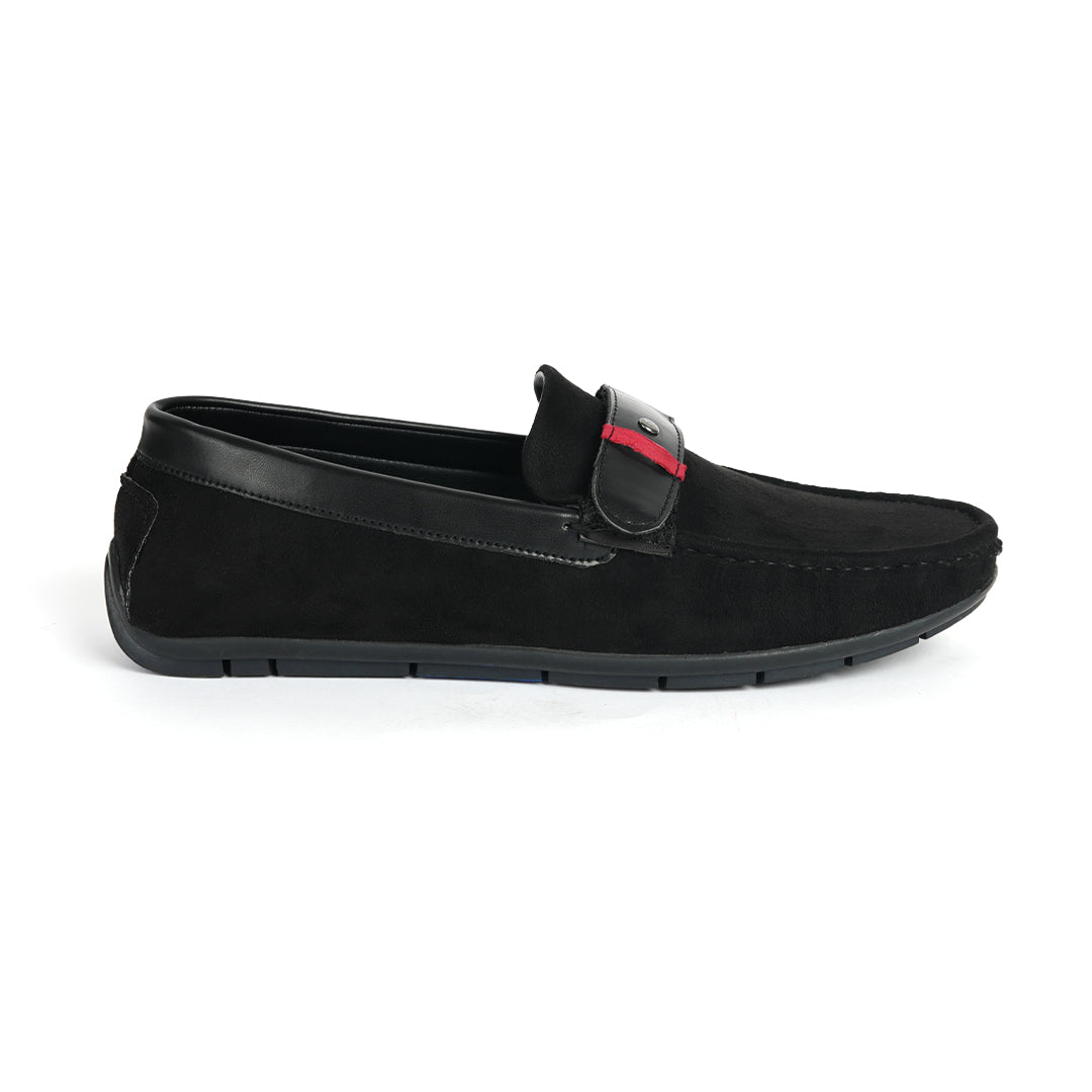 A comfortable Monkstory black loafer with a red stripe, perfect for driving.