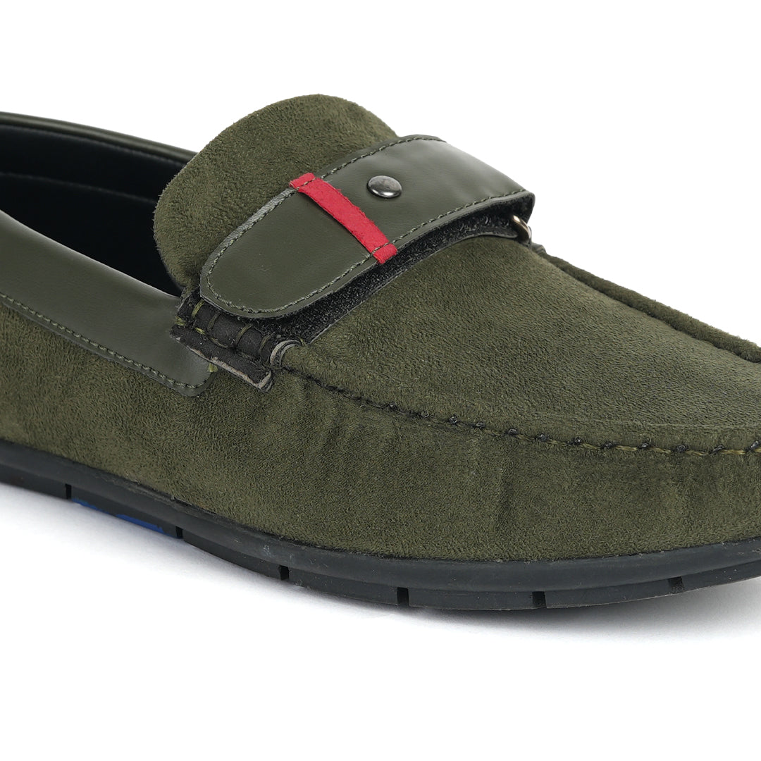 Elevate your style with these comfortable Monkstory olive green driving shoes. Crafted from luxurious suede, these men's loafers feature a striking red buckle for added flair. Perfect for any occasion.