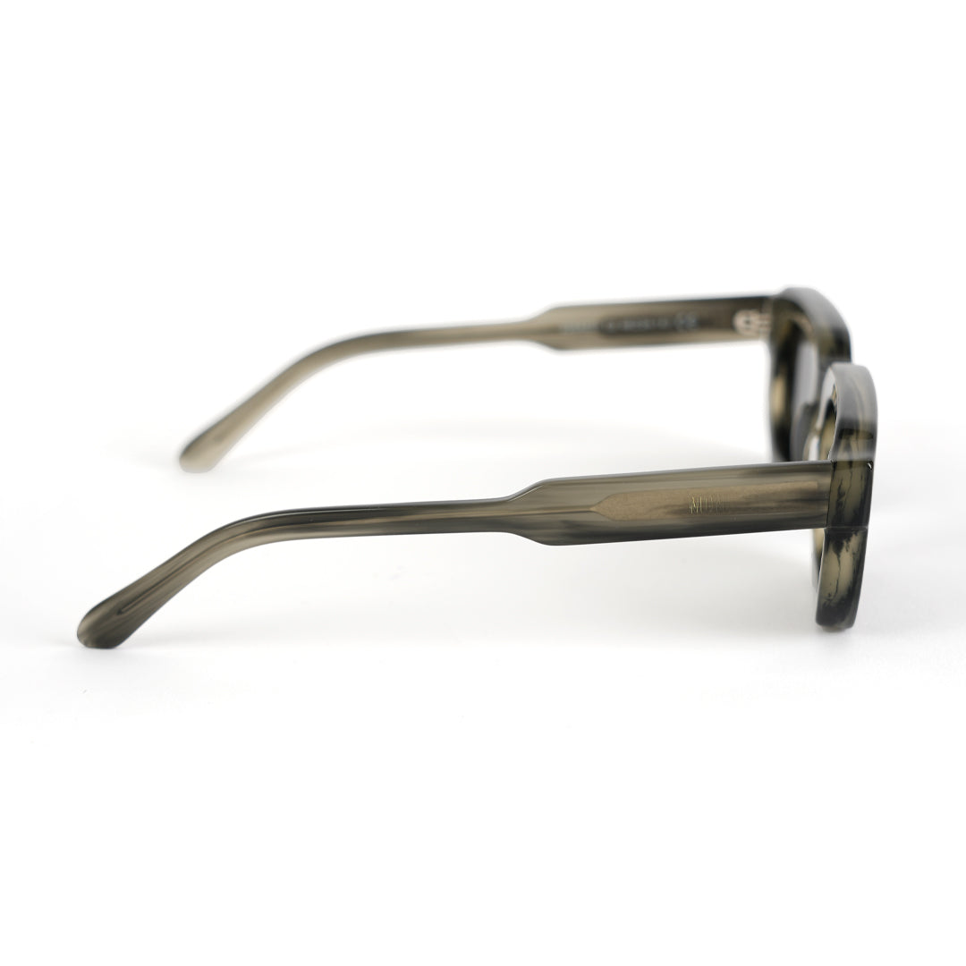 Monkstory sunglasses with a Marbleous Olive Grey frame and black lenses.