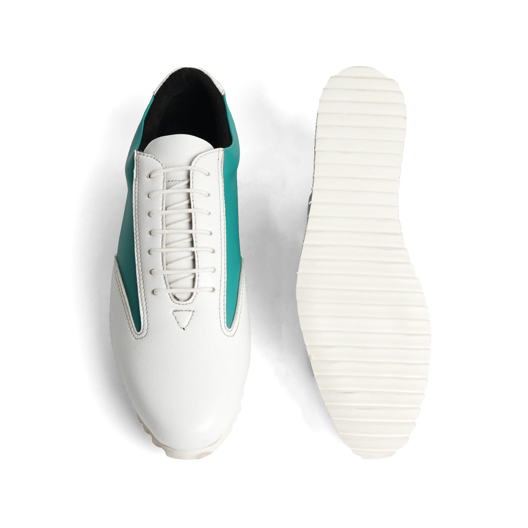 The Monkstory Dual Colour Smart Sneakers, in Teal Green & White, are a stylish and comfortable option for anyone in search of a sneaker with a white sole.