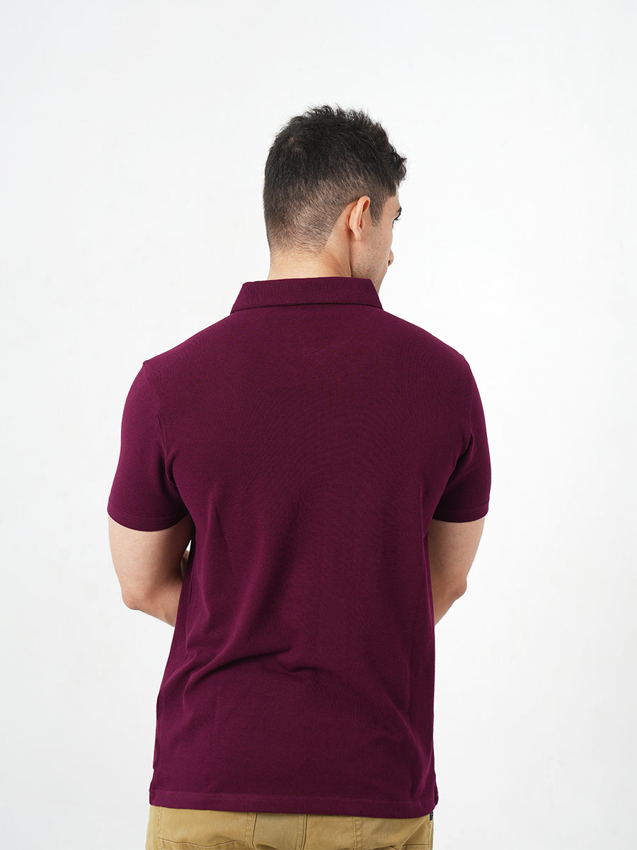 A man wearing a Monkstory Bamboo Cotton Zip-Polo Tee in Mauve Wine shade.