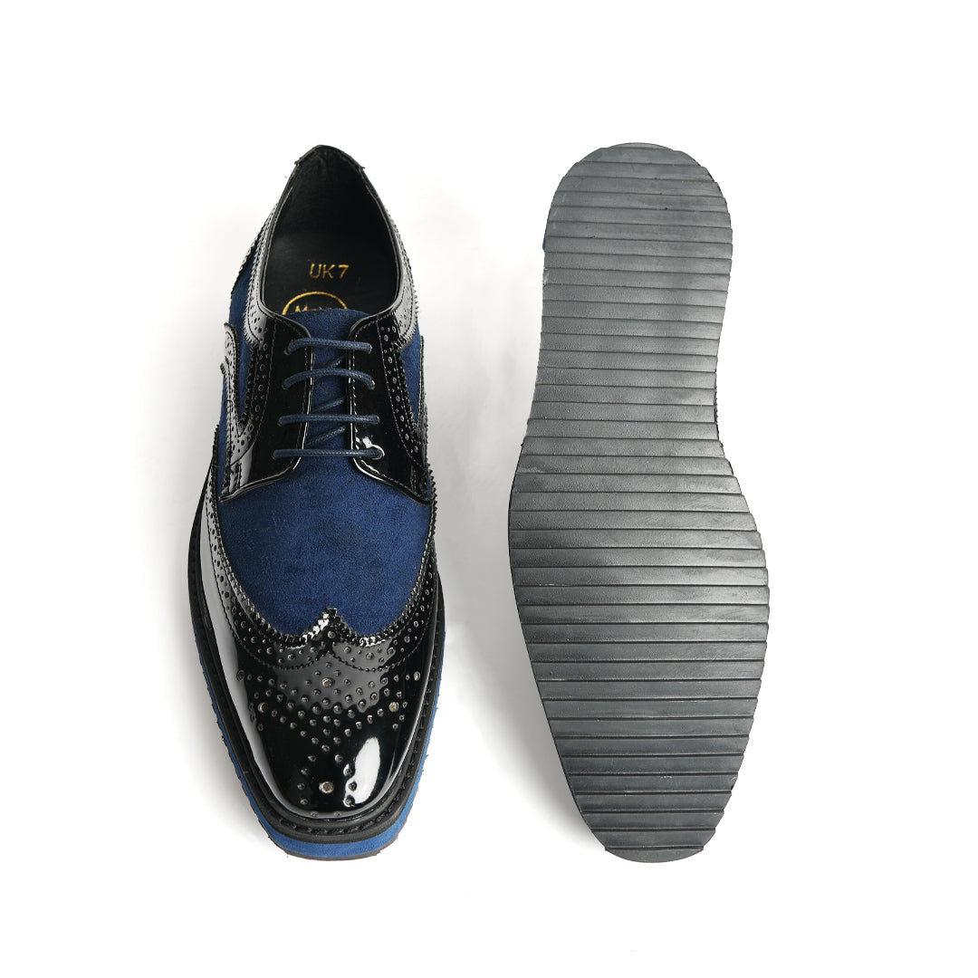 A stylish men's Monkstory Dual Colour Brogues - Glossy Black & Blue wingtip oxford shoe that elevates your fashion game.
