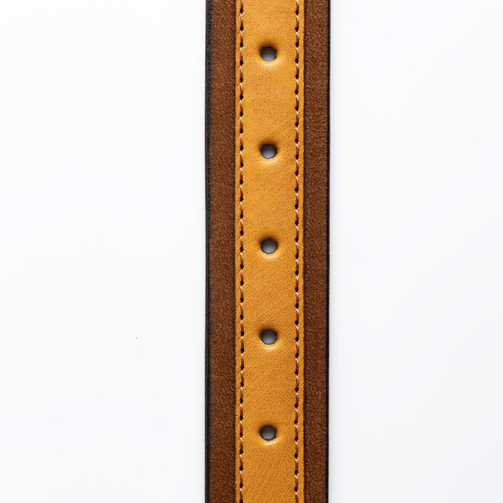 A MonkStory Dual Color Classic Mens Belt made from eco-friendly materials, featuring a combination of brown and tan leather, showcased on a white background.