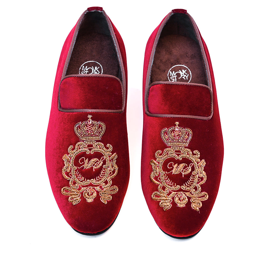 A men's burgundy Opulenza Motif Embroidered Slip-on with hand-embroidered faade adornments by monkstory.