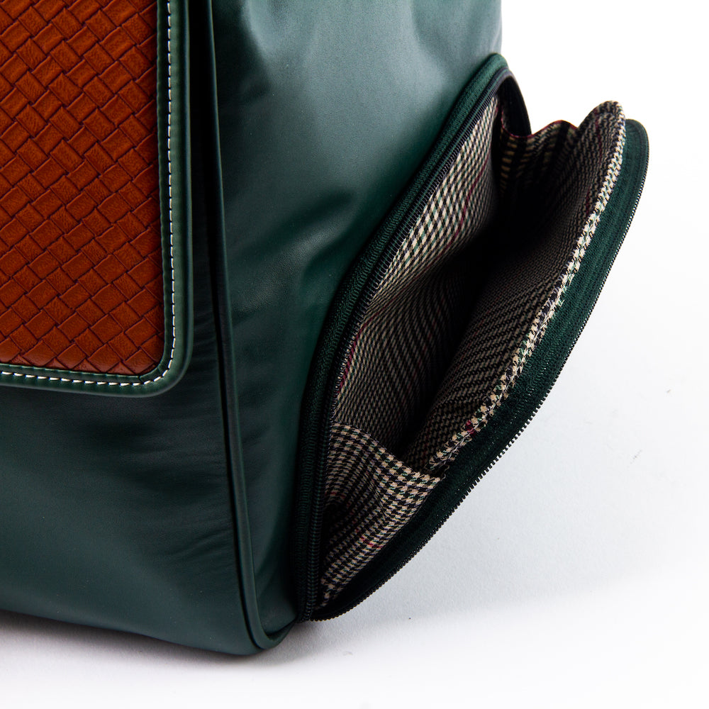 A green and orange leather Monkstory Cabin Weekender Bag - Olive/Tan.