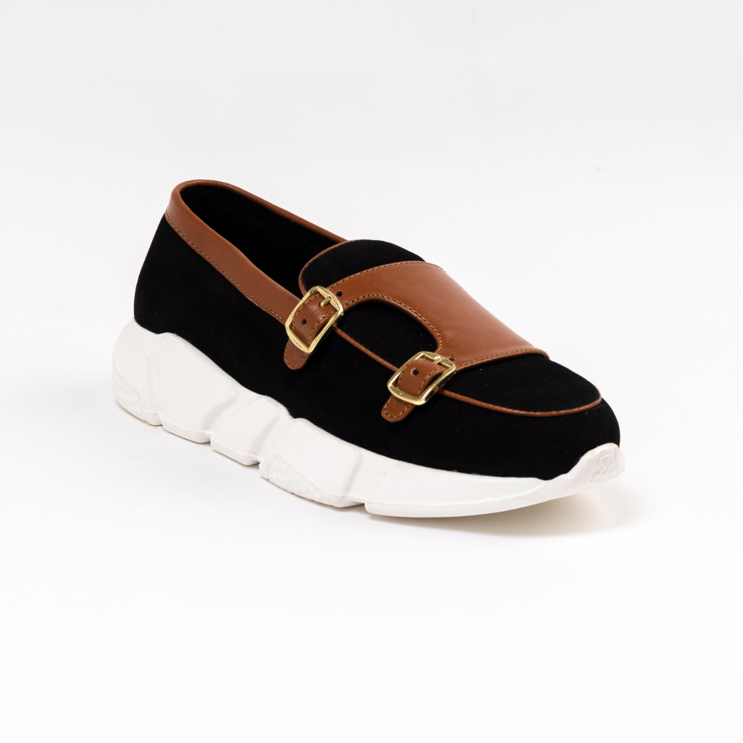 A monkstory Chunky Double Monk Sneaker in black and tan.