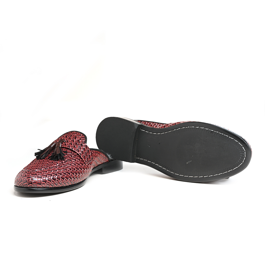 A monkstory men's high-class brown woven slipper with tassels and Luxious Mule Shoes Tan faux-fur insoles.