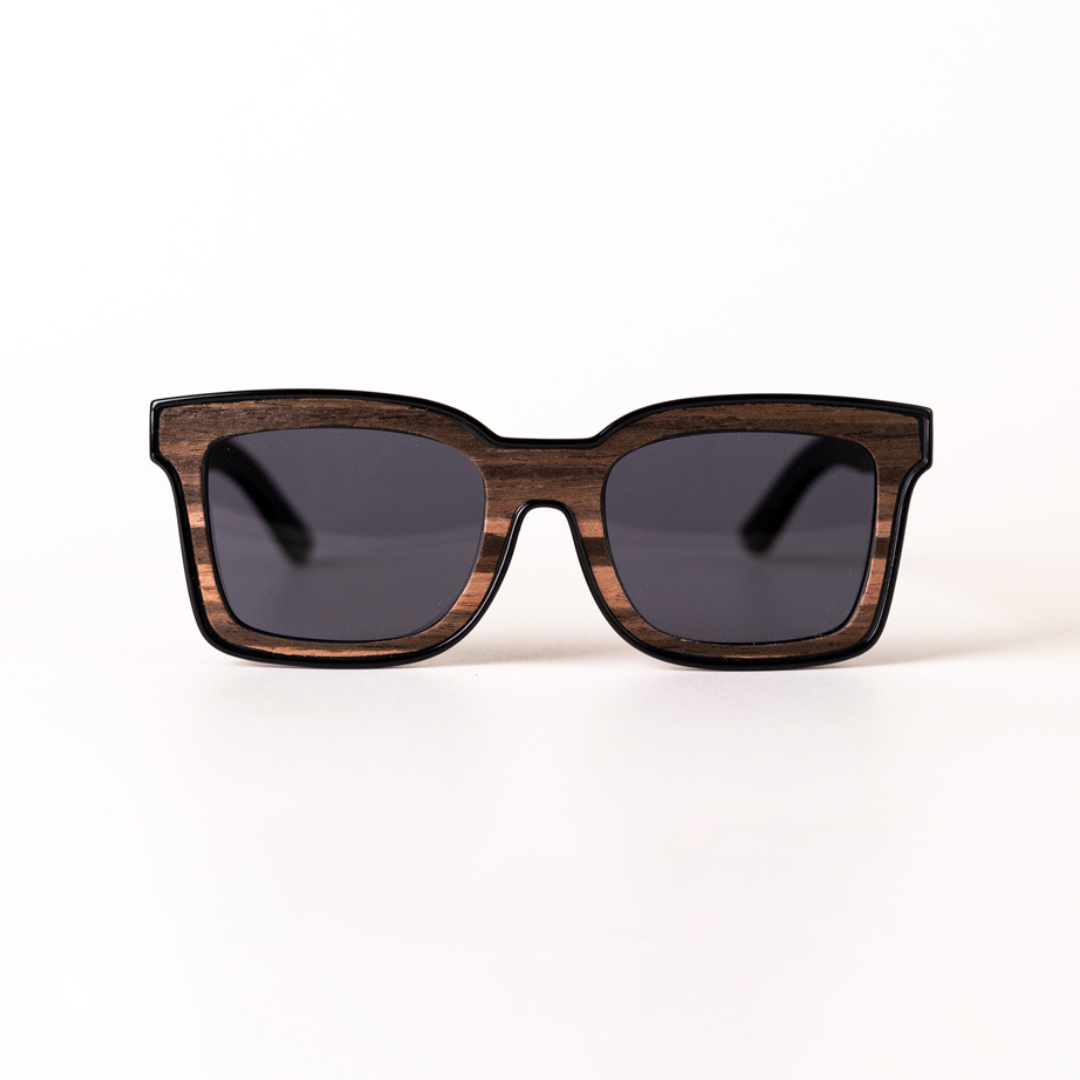 MonkStory Woody Wood+Acetate Unisex Sunglasses with black lenses on a white background.