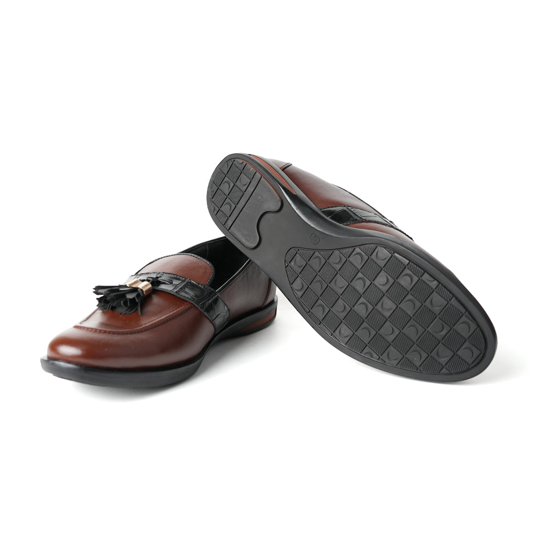Flatform Metallic Tassel Slip Ons - Brown, by Monkstory, are a pair of loafers with faux leather.