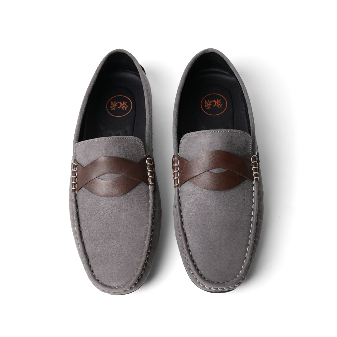 A pair of comfortable grey Stilo Driving Shoes with brown detailing, perfect for driving. Brand: MONKSTORY