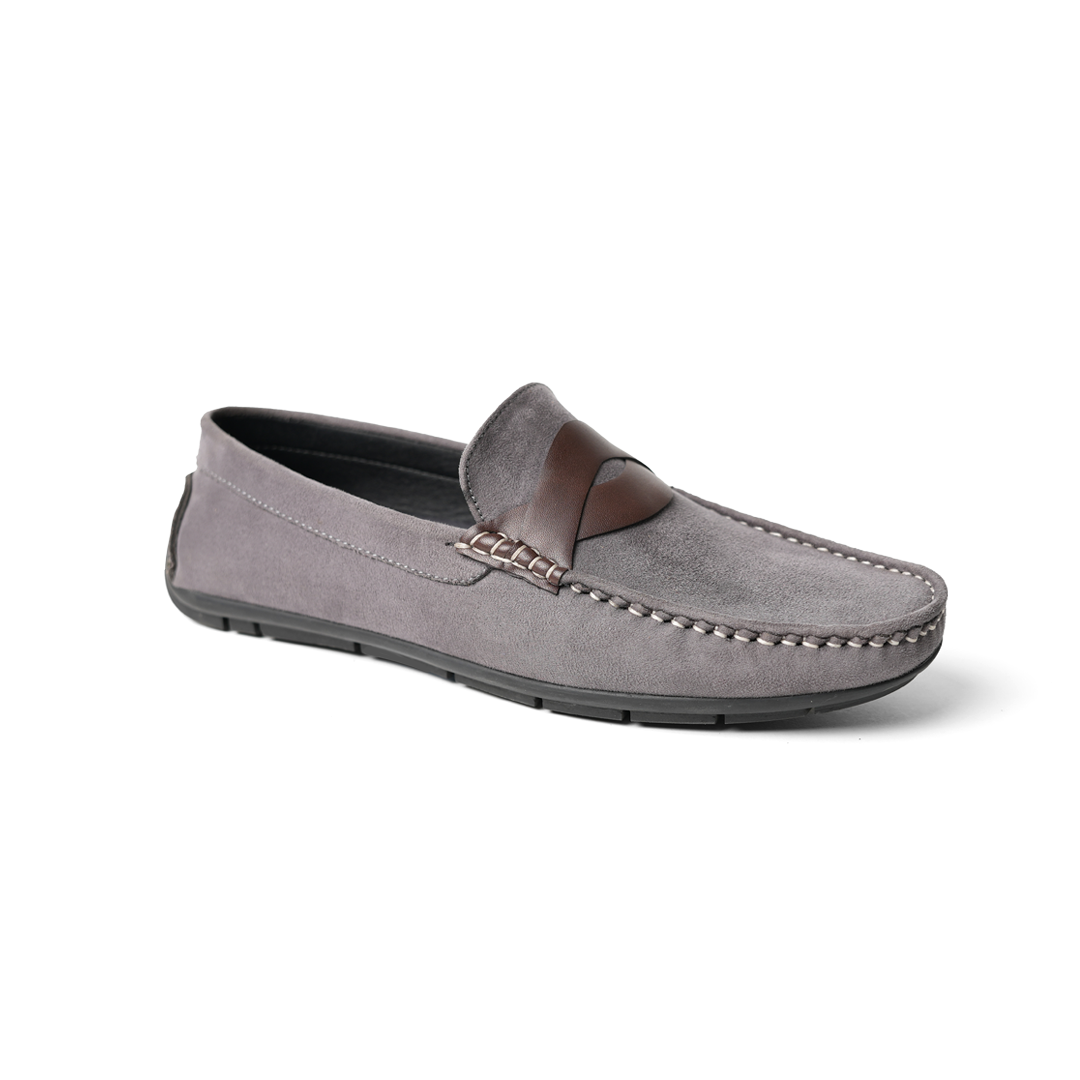 A pair of comfortable grey Stilo Driving Shoes with brown detailing, perfect for driving. Brand: MONKSTORY