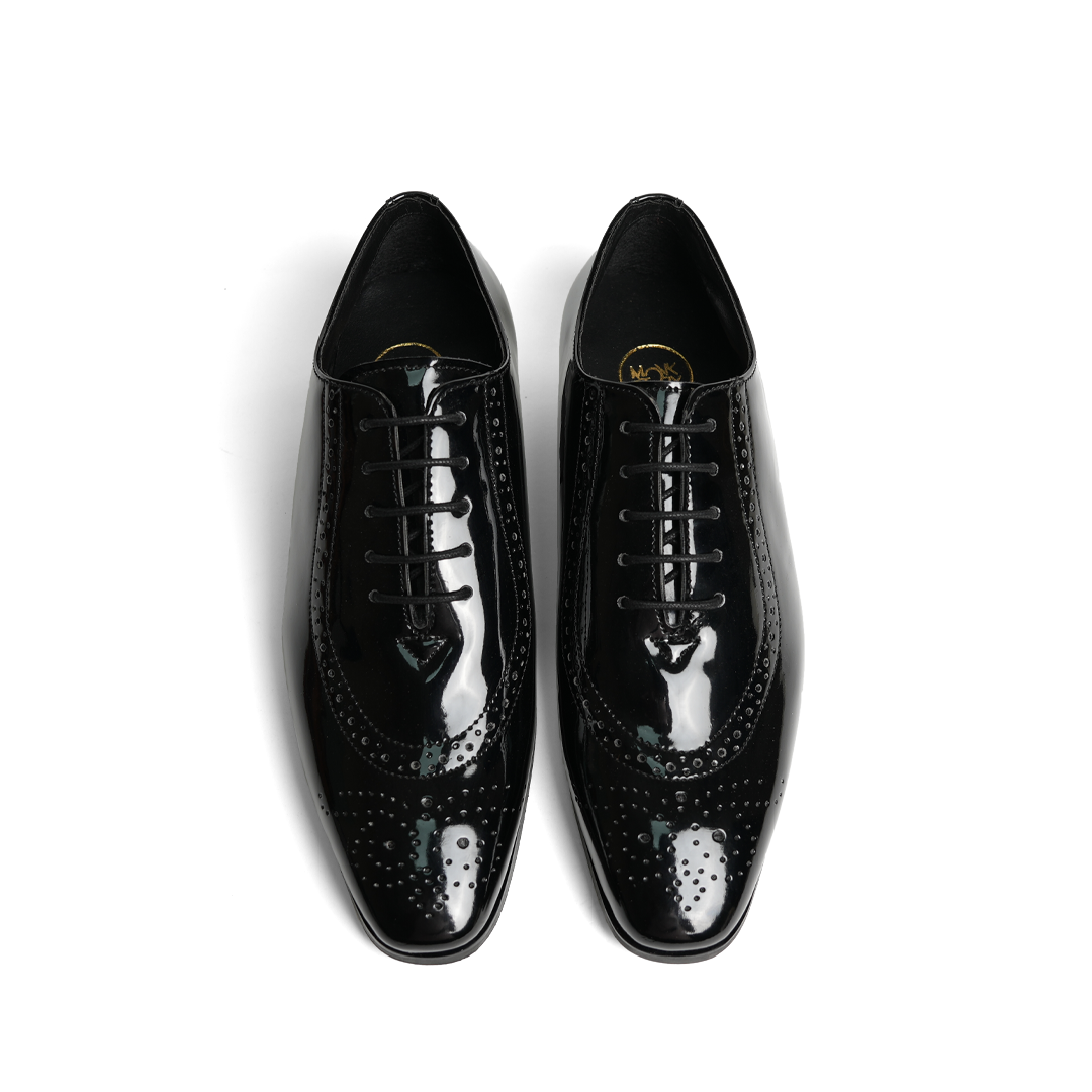 Monkstory Glossy Classic Patent Oxford Lace-Ups - Black shoes with rubberised soles.