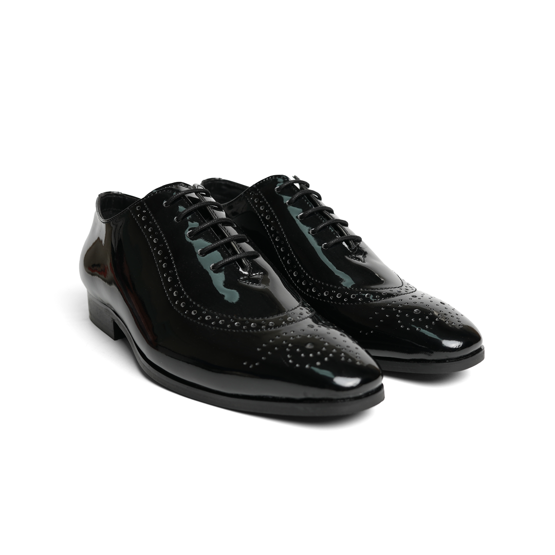 Monkstory Glossy Classic Patent Oxford Lace-Ups - Black shoes with rubberised soles.