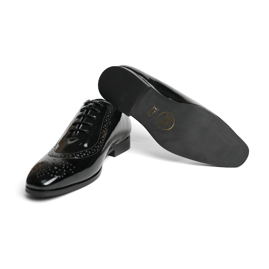 Monkstory Glossy Classic Patent Oxford Lace-Ups - Black shoes with rubberised soles.