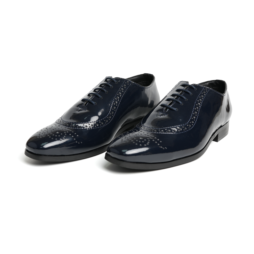 Monkstory's Glossy Classic Patent Oxford Lace-Ups - Blue are sophisticated men's wingtip shoes with rubberised soles.