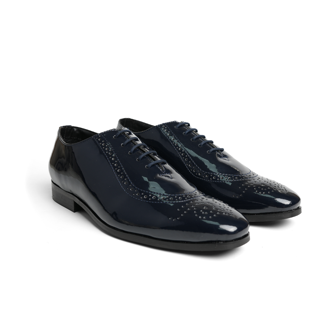 Monkstory's Glossy Classic Patent Oxford Lace-Ups - Blue are sophisticated men's wingtip shoes with rubberised soles.