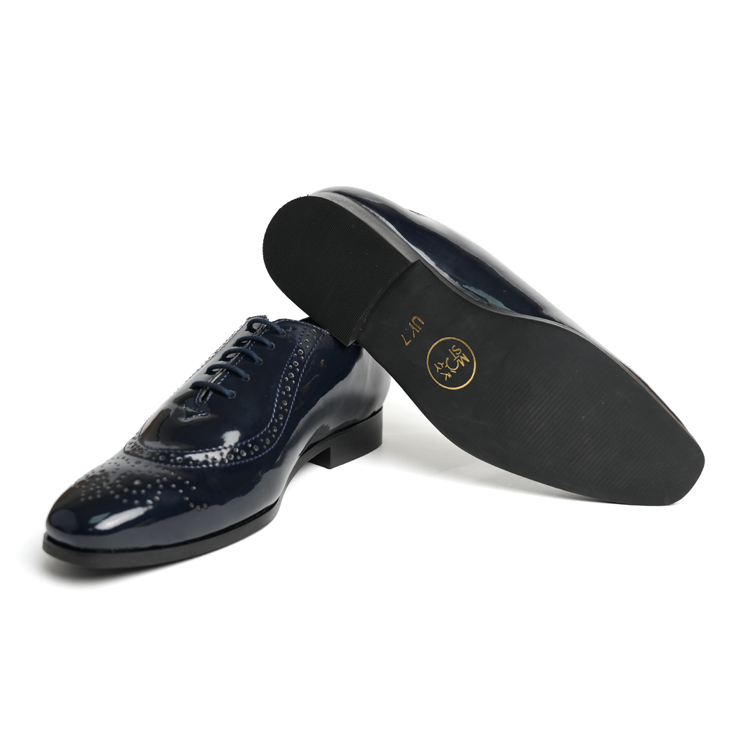 Monkstory's Glossy Classic Patent Oxford Lace-Ups - Blue are sophisticated men's wingtip shoes with rubberised soles.