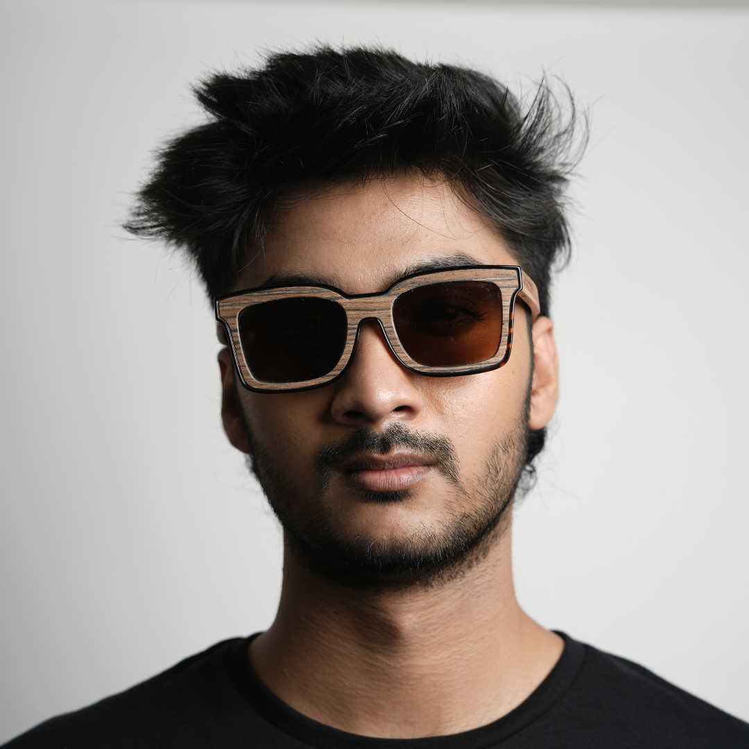 A pair of MonkStory Woody Wood+Acetate unisex sunglasses with brown lenses on a white background.