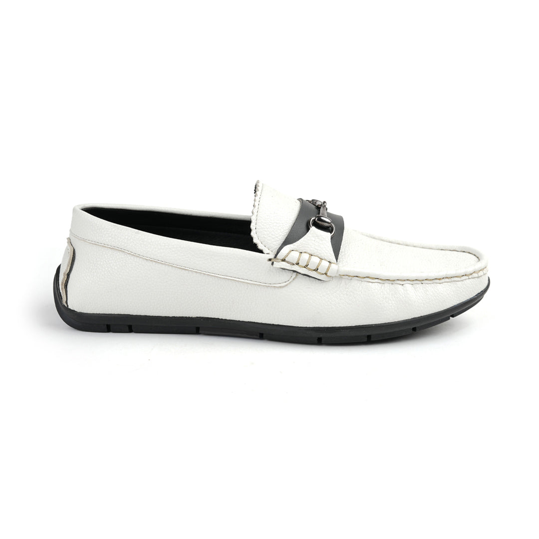 A stylish white Monkstory Horse-bit Driving Shoe with a sleek black buckle, perfect for both fashion-forward individuals and those seeking ultimate comfort.