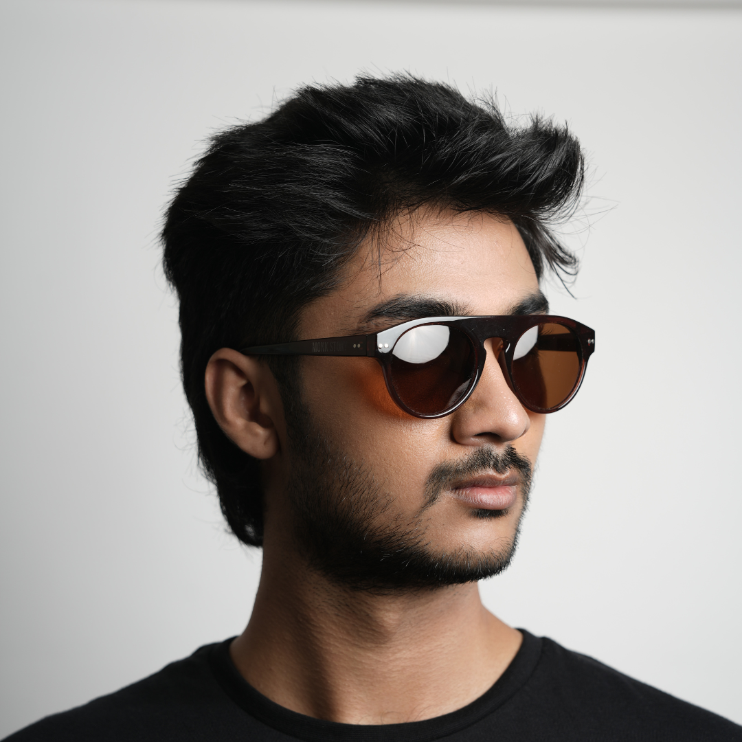 Monkstory Bold Aviator Unisex Sunglasses - Brown on a white background.