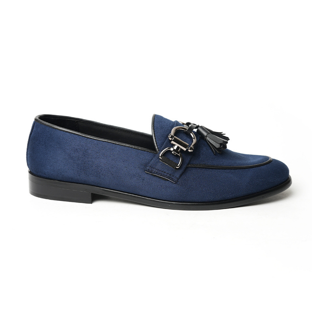 A classic Monkstory Horse-bit Tasseled Slip-Ons blue loafer exuding modern sophistication.