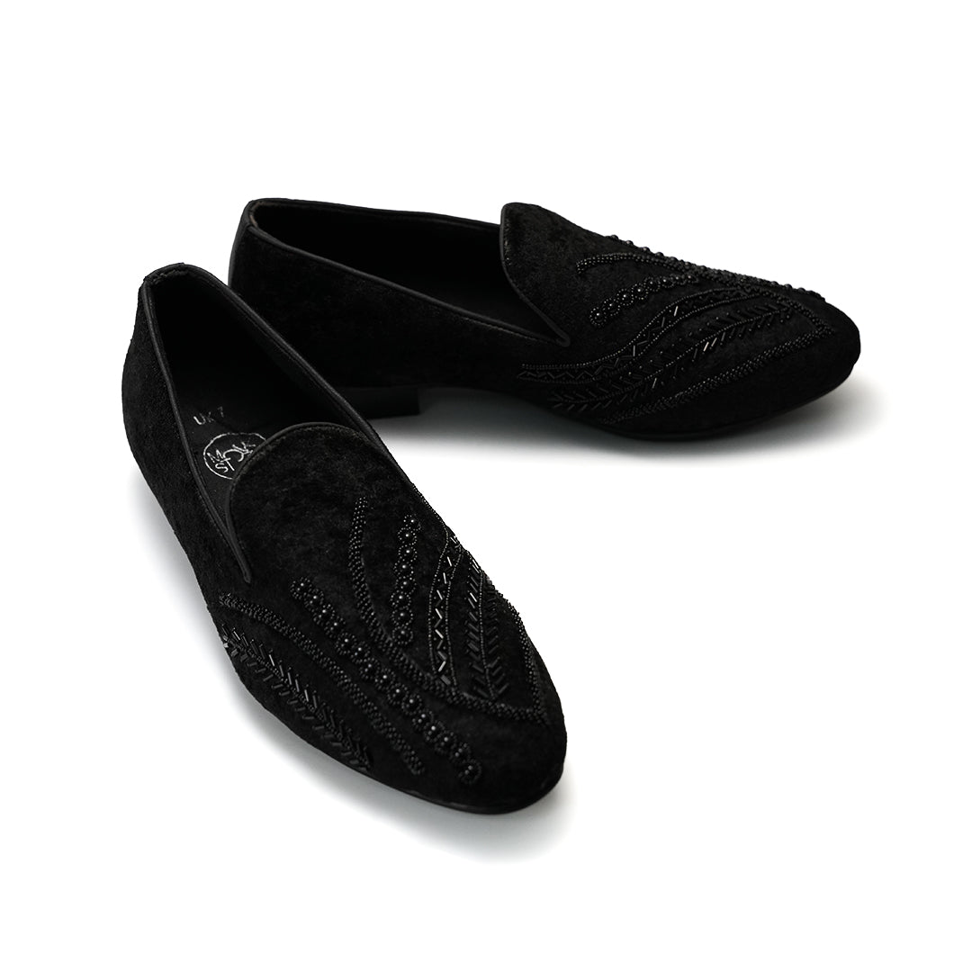 Monkstory Hand-Embroidered Embellished Slip-Ons - Black