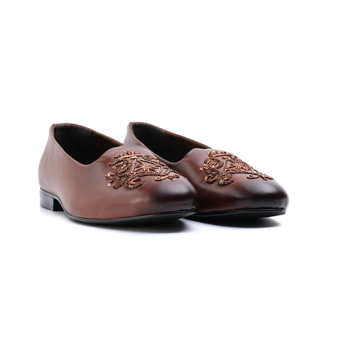 Monkstory Classic Embroidered Mojari - Brown