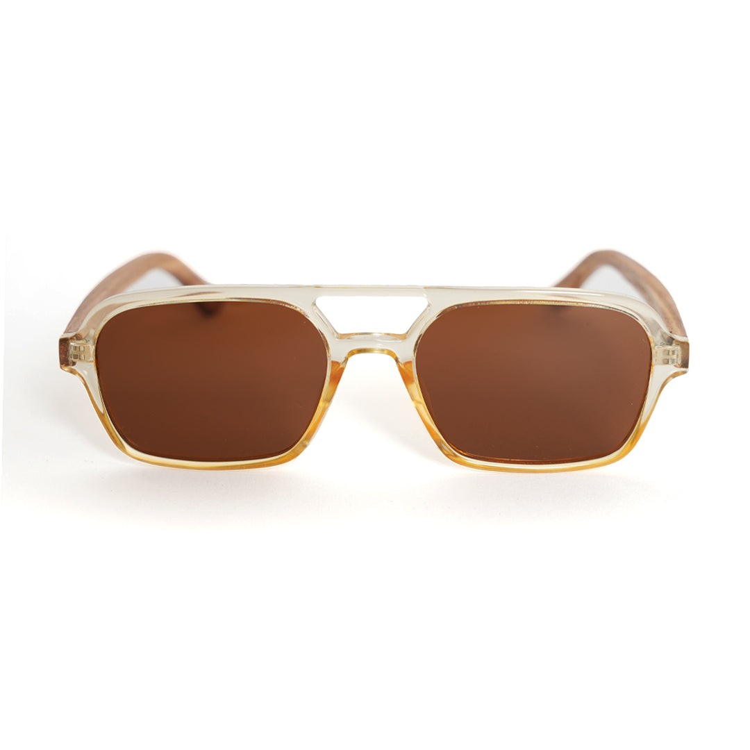 A pair of Monkstory Retro Wood Polarized Unisex sunglasses with transparent brown lenses on a white background.