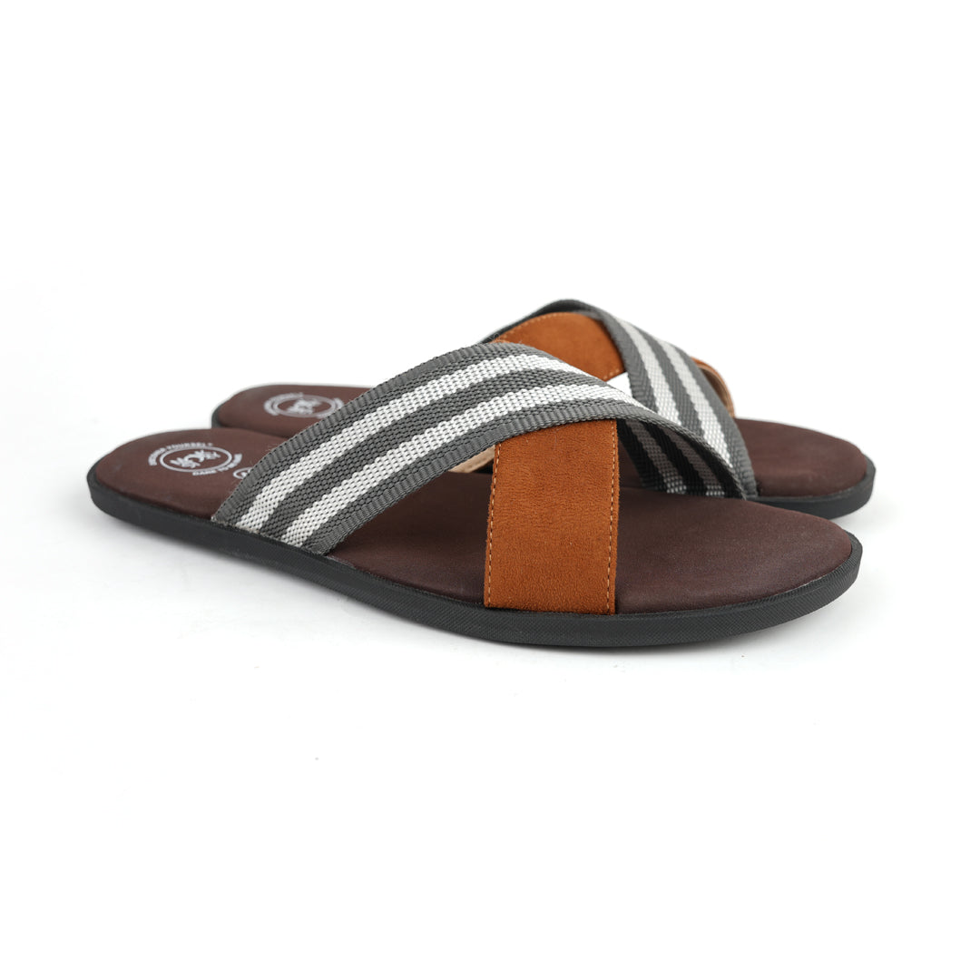 A pair of monkstory grey striped strap sandals in brown and tan.