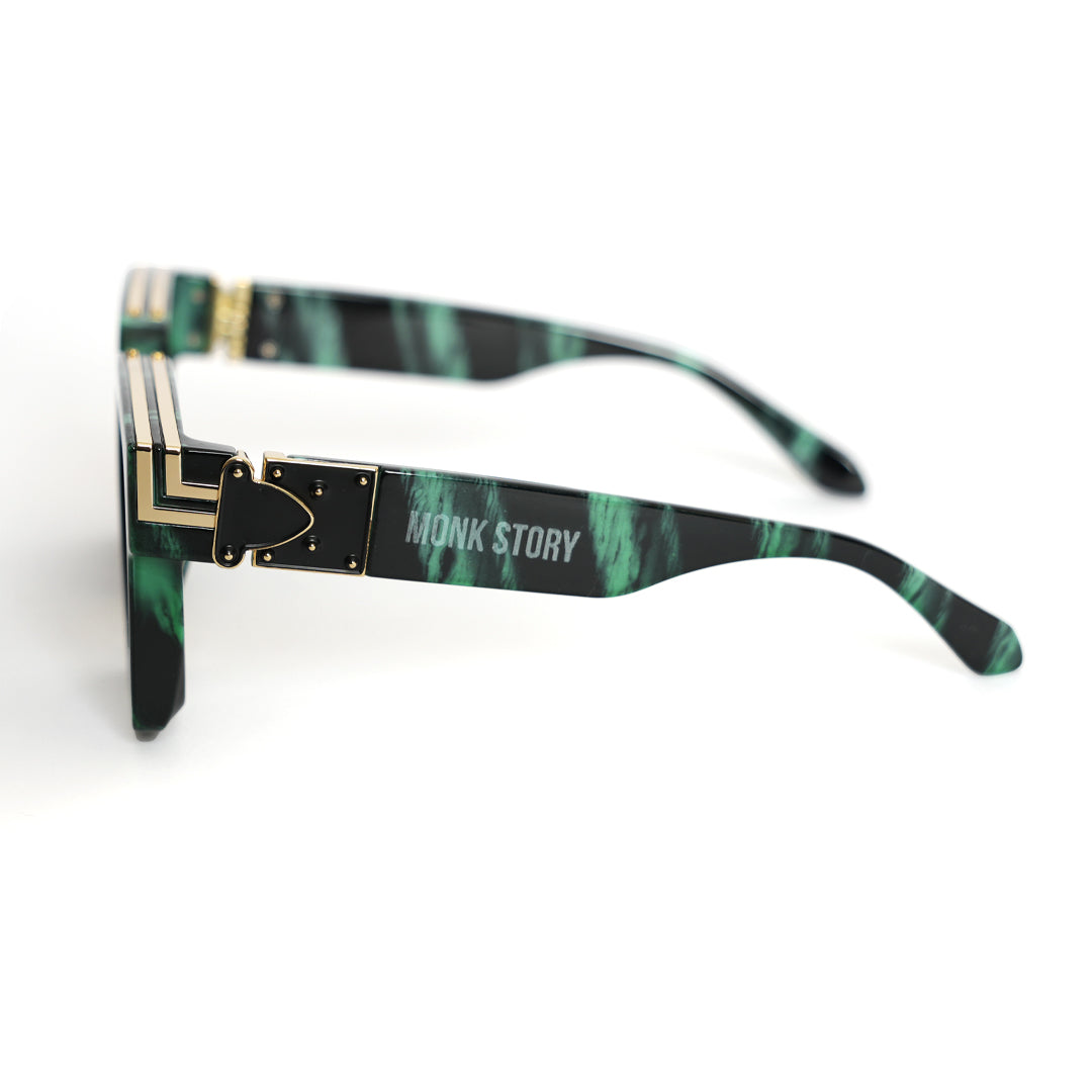 A green Monkstory Millionaire Unisex Wayfarer sunglasses with black lenses designed to protect against UV rays.