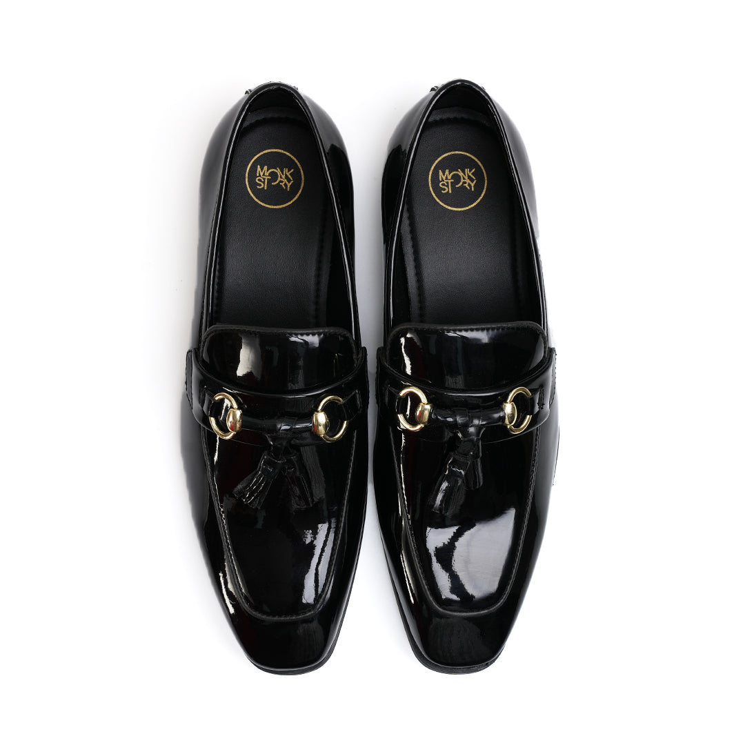 Monkstory Horsebit Tasseled Patent Slip-Ons - Black