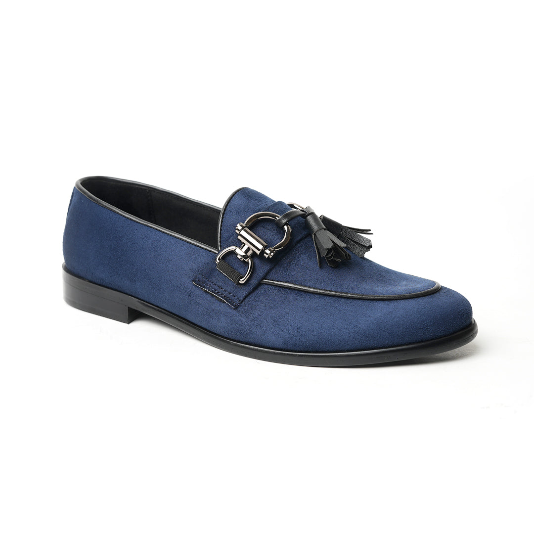 A classic Monkstory Horse-bit Tasseled Slip-Ons blue loafer exuding modern sophistication.
